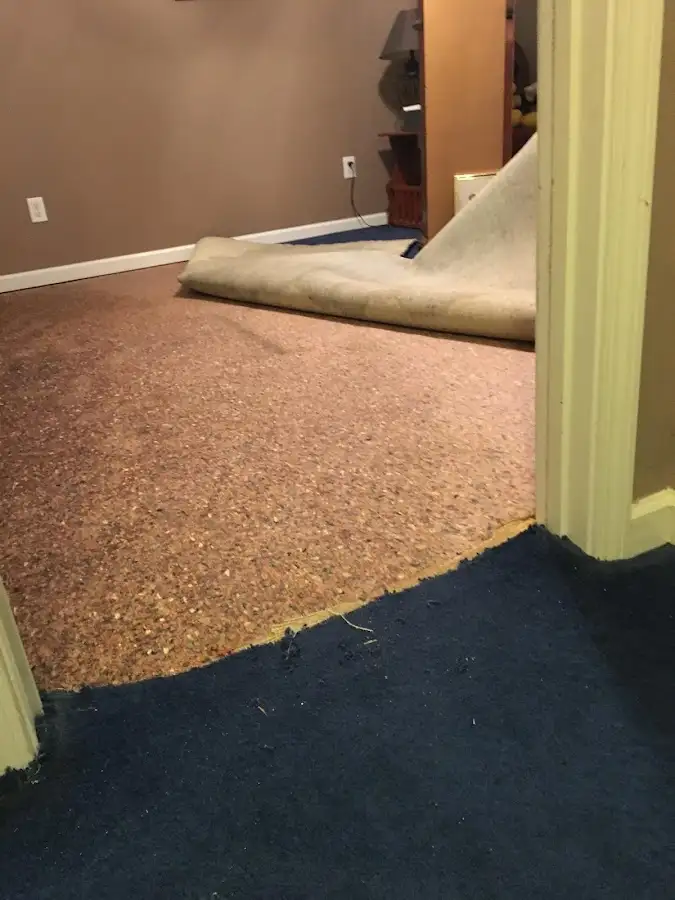 Carpet pad removal revealing water damage during Water Mitigation Services in Vinton